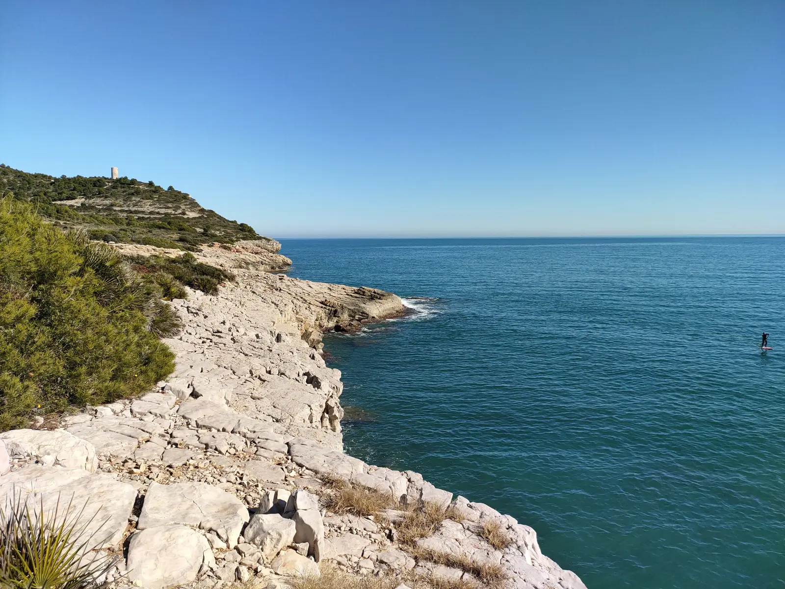 Paddle surf junto a los acantilados blancos de la costa de la Sierra de Irta
